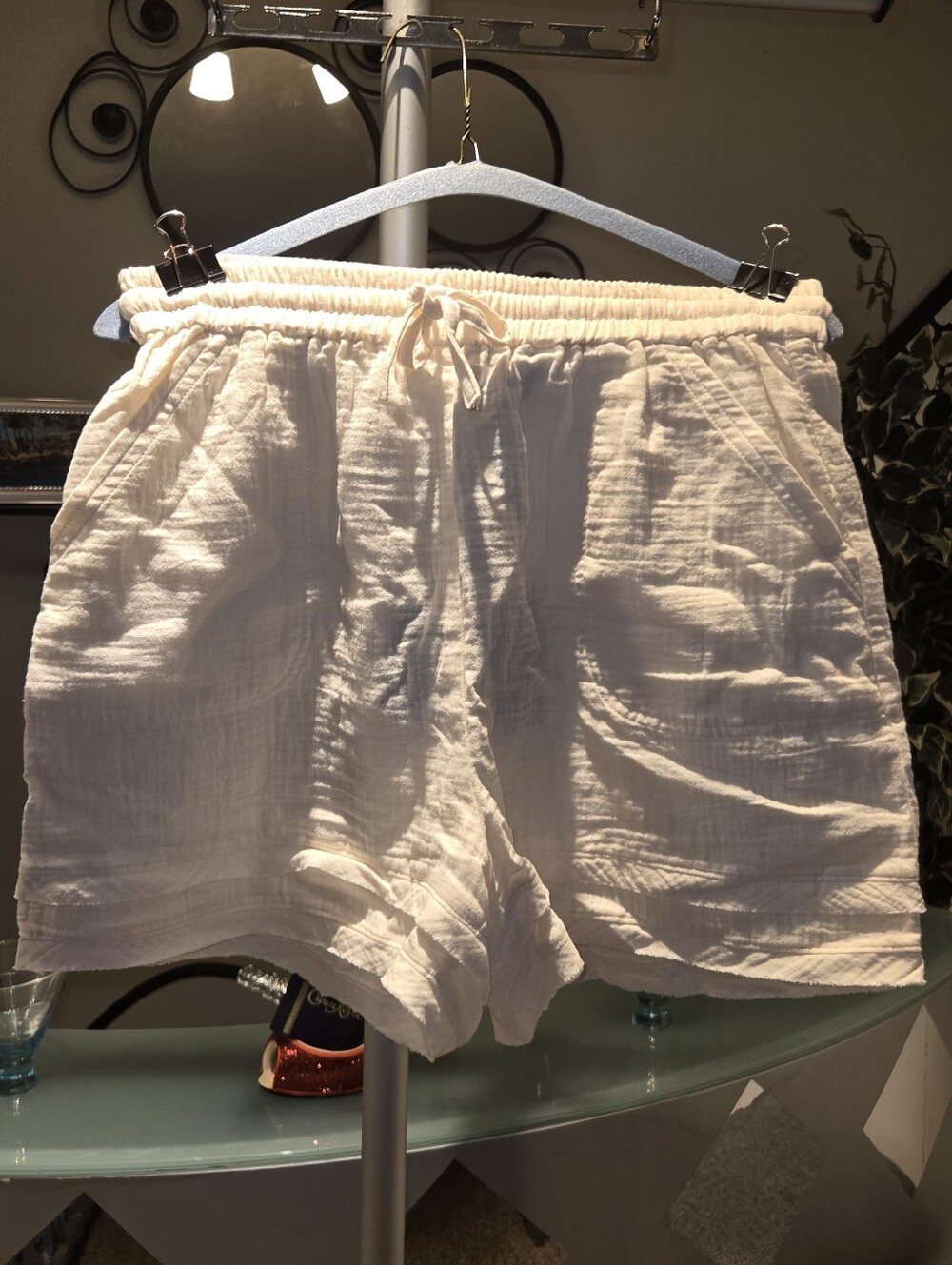 Monrow Cream Elastic Waist Drawstring Shorts
